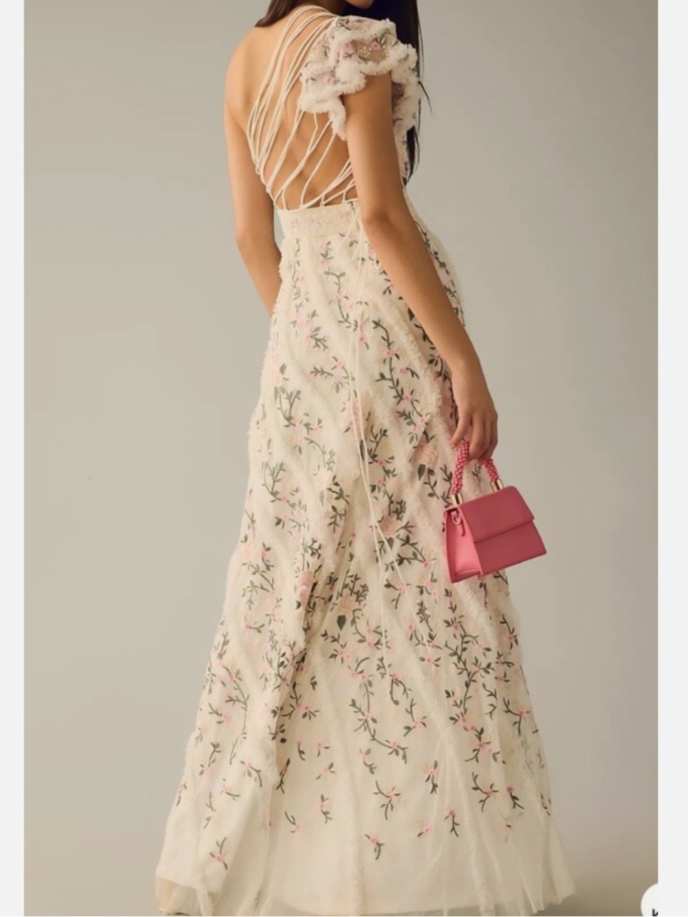 Mac Duggal 22607 One-Shoulder Pink Floral Embroidered Maxi Dress - Picture 3 of 4